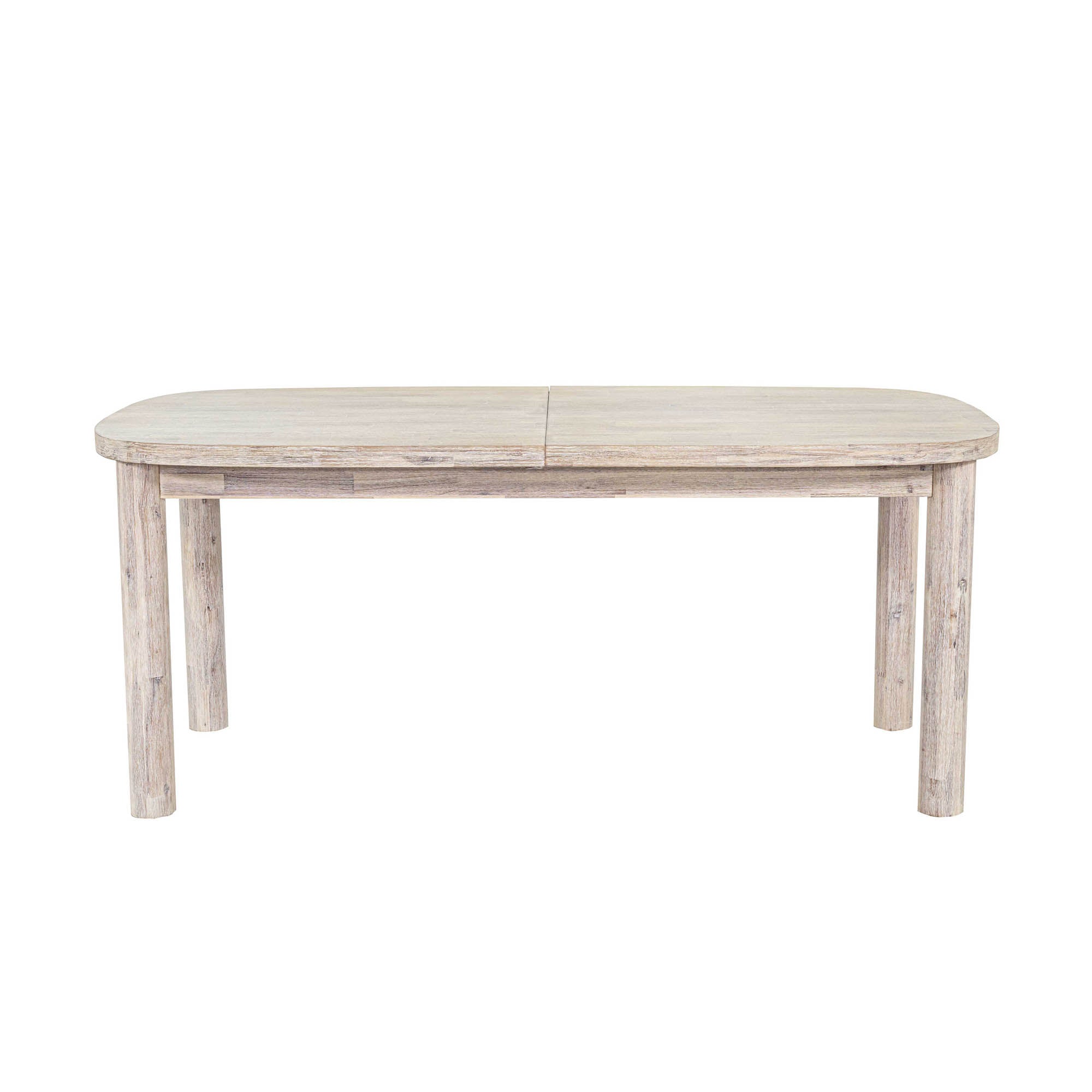 Straight-on side profile view highlighting the smooth oval tabletop and architectural wood construction