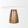Alternate side profile view of the white marble variant showcasing the sturdy structural balance of the wood base