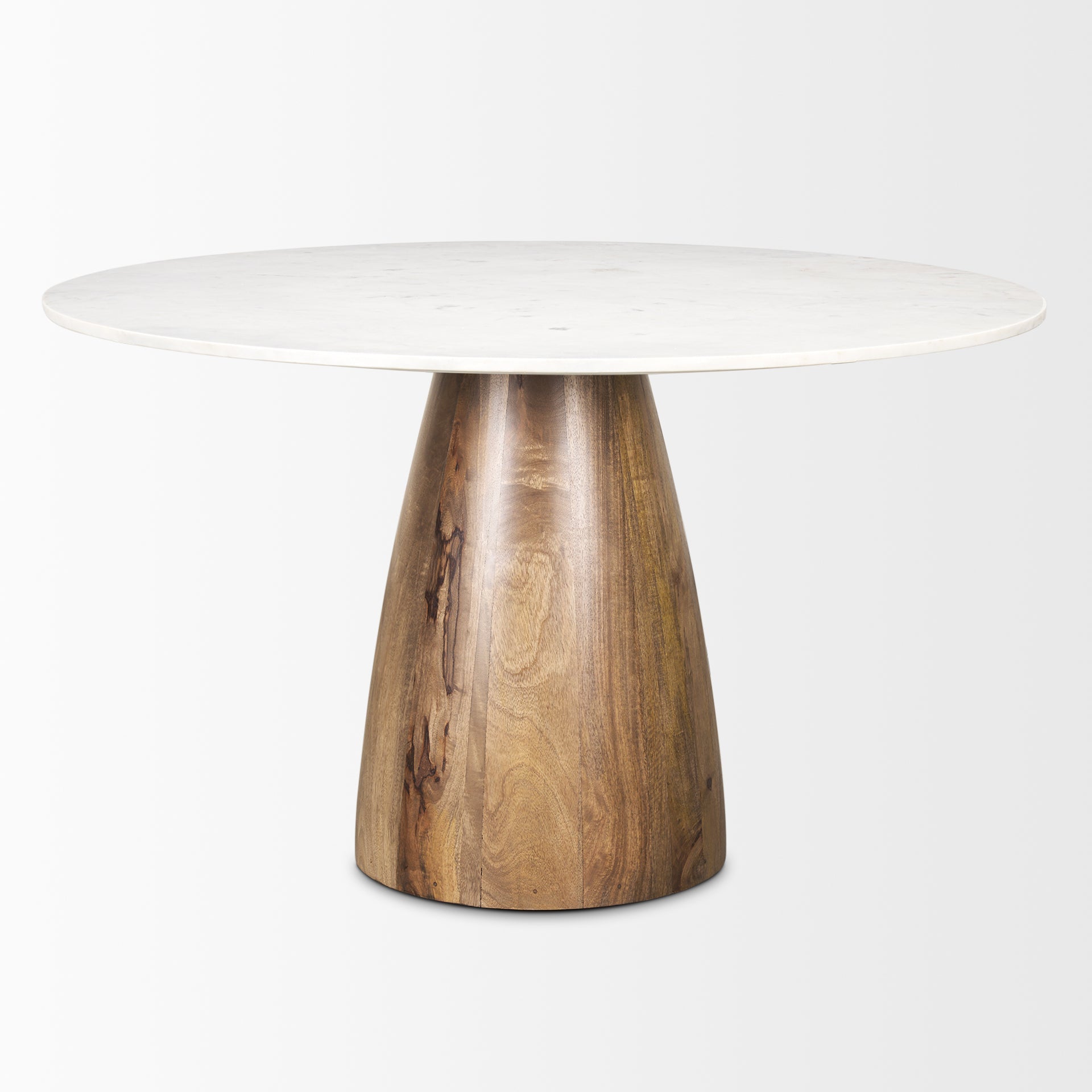Front view of the Allyson round dining table featuring a white marble top and a solid mango wood tapered pedestal base