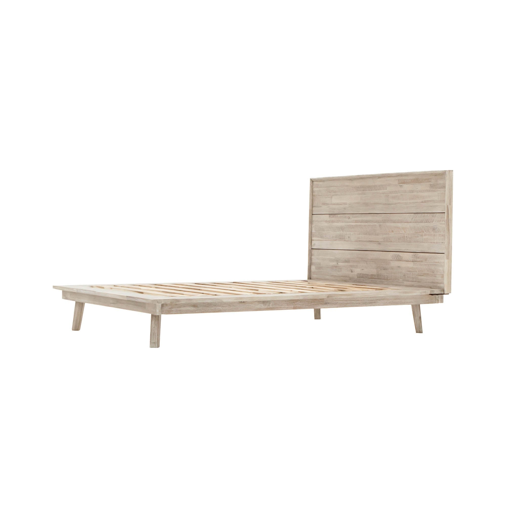 Front view of the Gia platform bed featuring a clean-lined headboard with horizontal wood planks in a weathered light oak finish