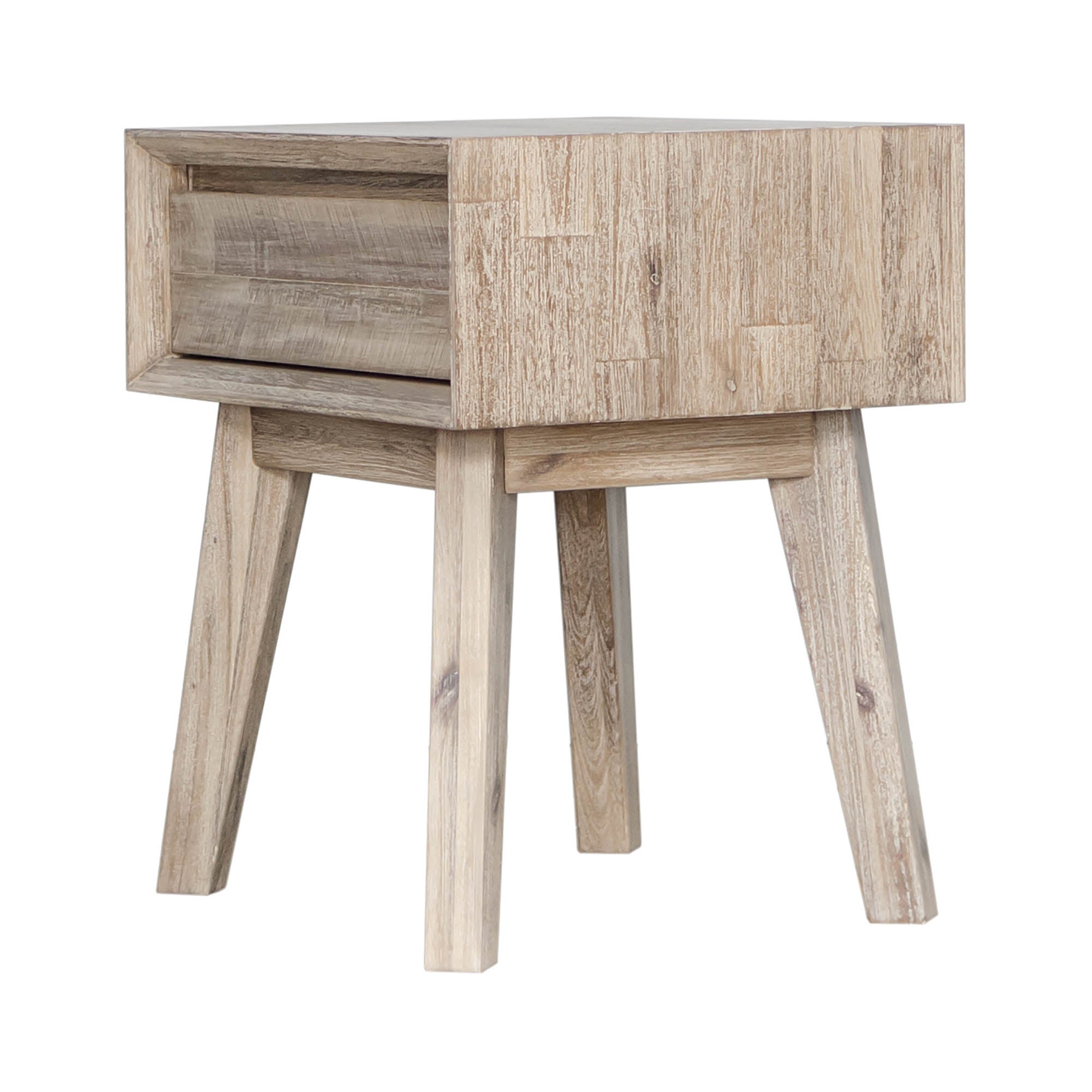 Front view of the Gia 1-drawer nightstand featuring a weathered light oak finish and architectural tapered solid wood legs