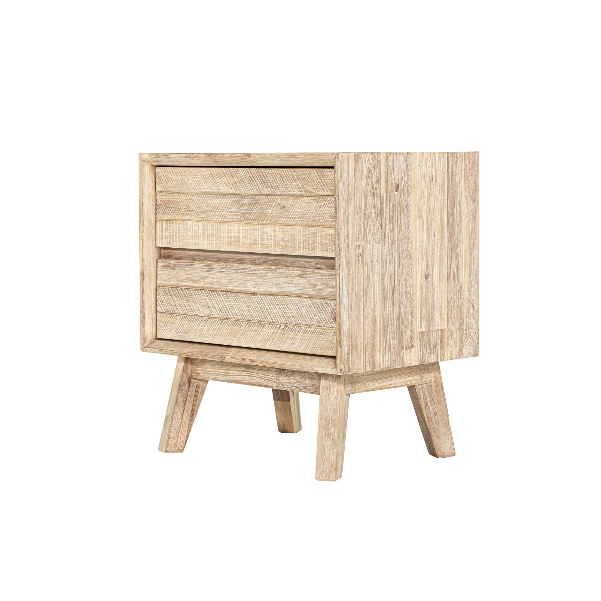 Front view of the Gia 2-drawer nightstand featuring a weathered light oak finish and architectural tapered solid wood legs