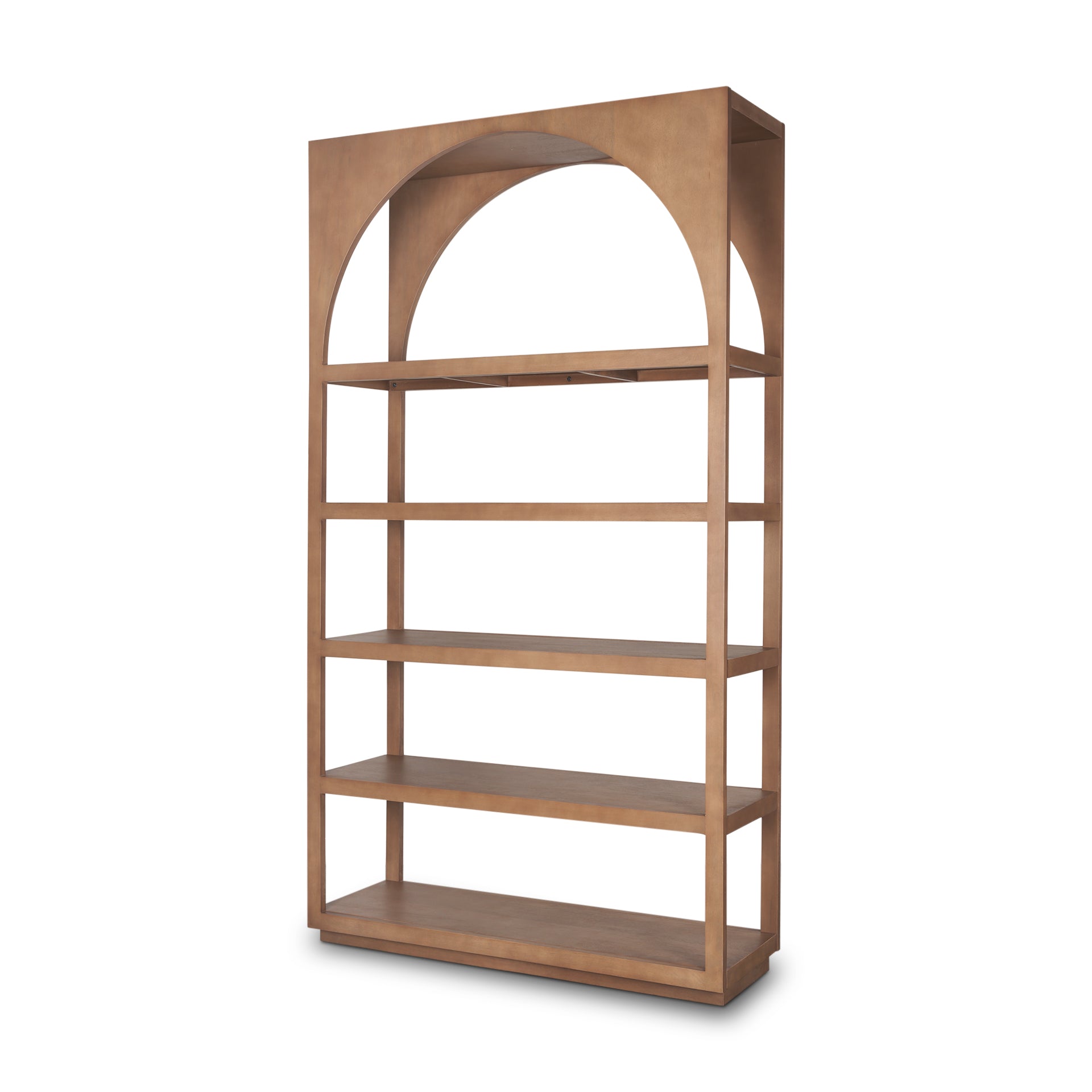 Straight-on front view of the Bela shelving unit featuring a tall architectural arch and five spacious open shelves in a warm natural wood finish
