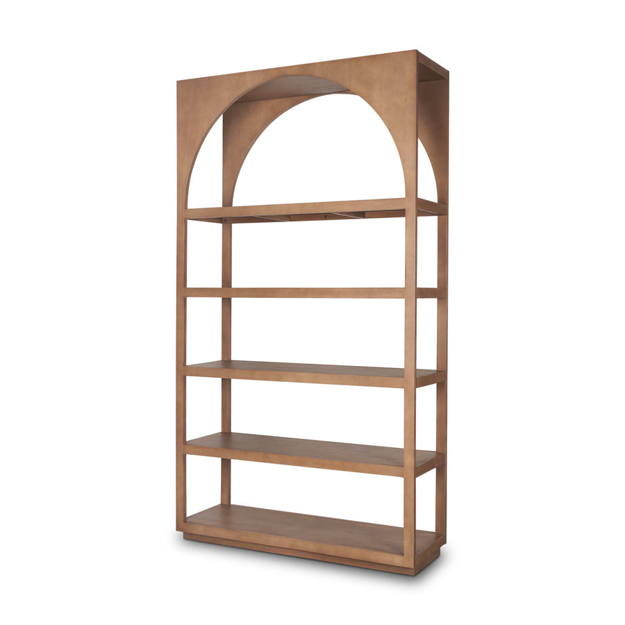 Three-quarter perspective view highlighting the elegant curved top and the sturdy open-frame construction of the natural oak shelving unit