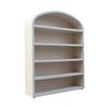 Three-quarter perspective view highlighting the deep architectural profile and the seamless smooth finish of the arched bookshelf