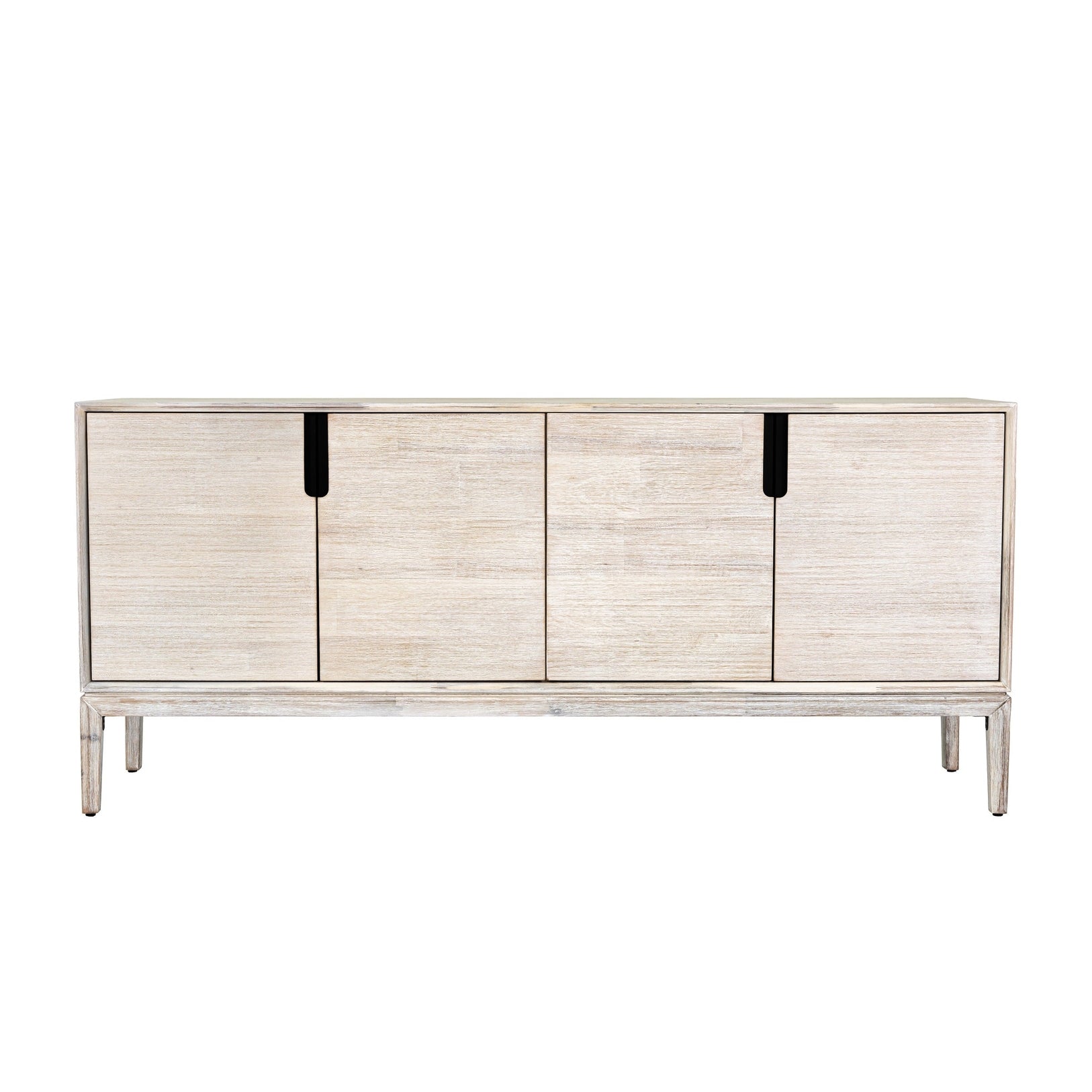 Straight-on front view of the Gemini sideboard featuring a light whitewashed wood finish and four handle-free cabinet doors