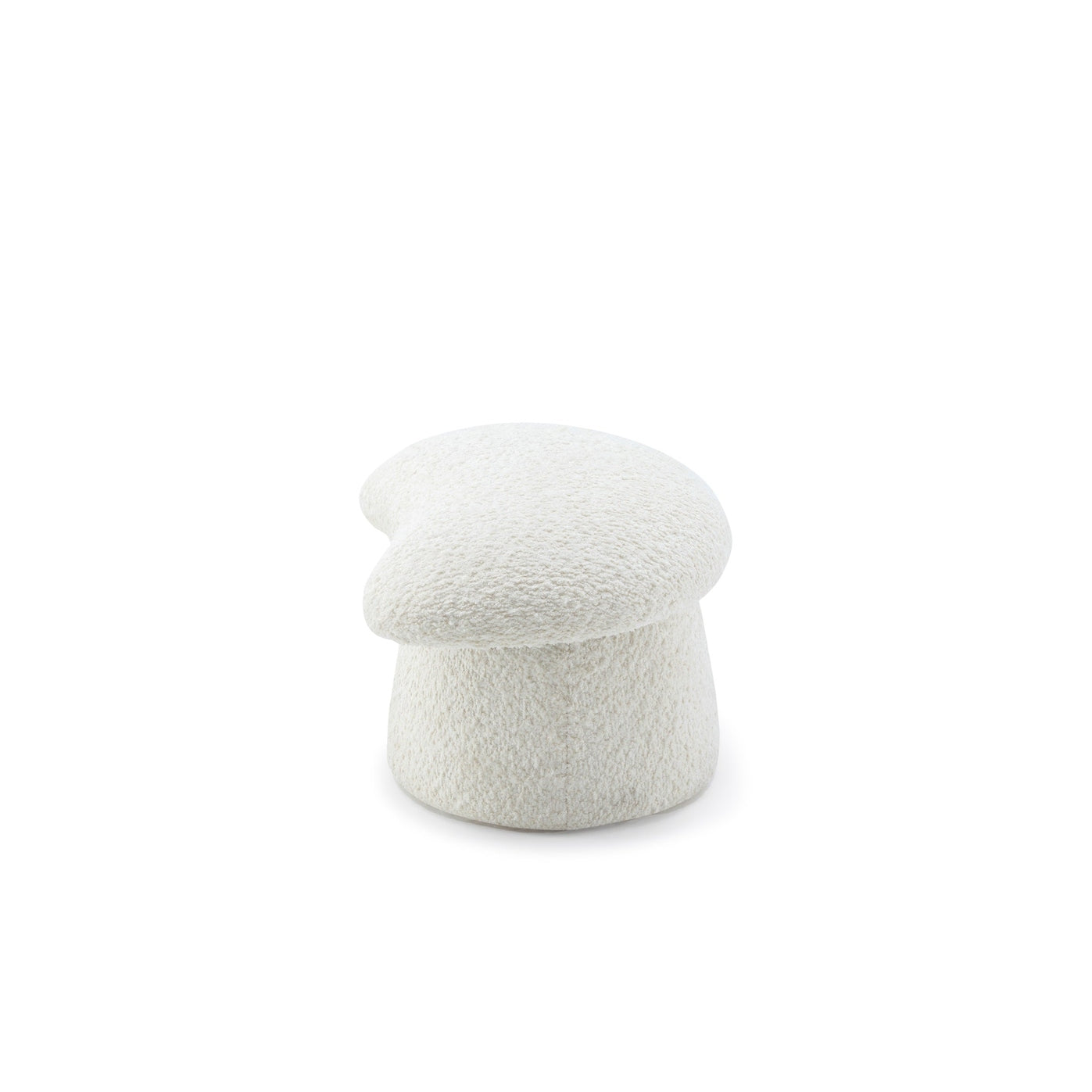 Straight-on front perspective showcasing the wide rounded seat and tapered base of the Muuto upholstered stool