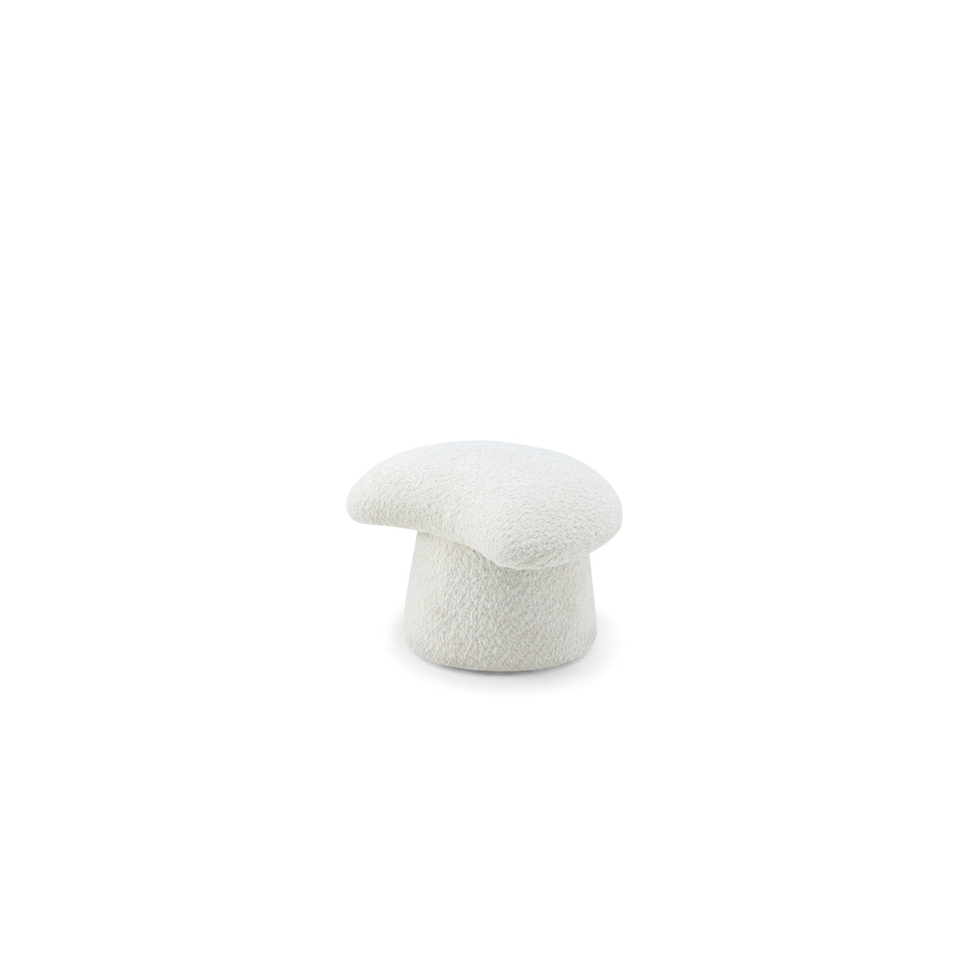 Straight-on front perspective showcasing the wide rounded seat and tapered base of the Muuto upholstered stool