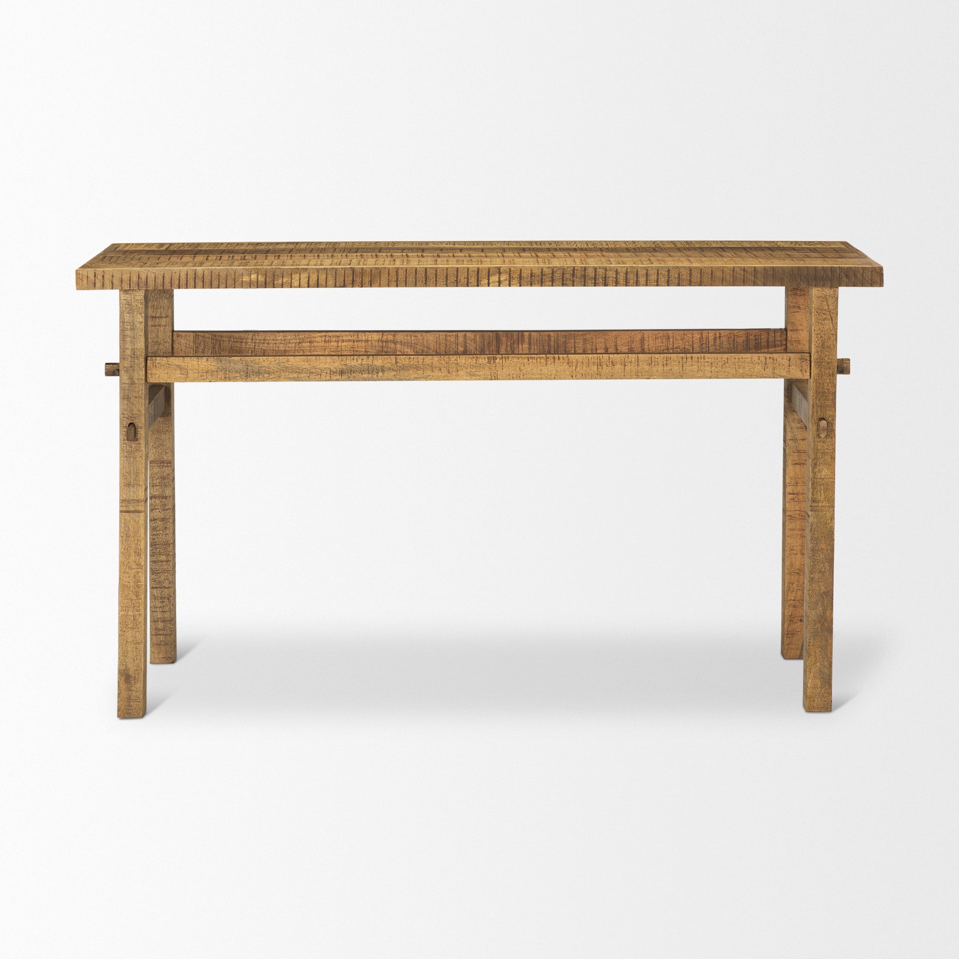 Front view of the Rosie console table in a light natural mango wood finish featuring a minimalist double-tier design