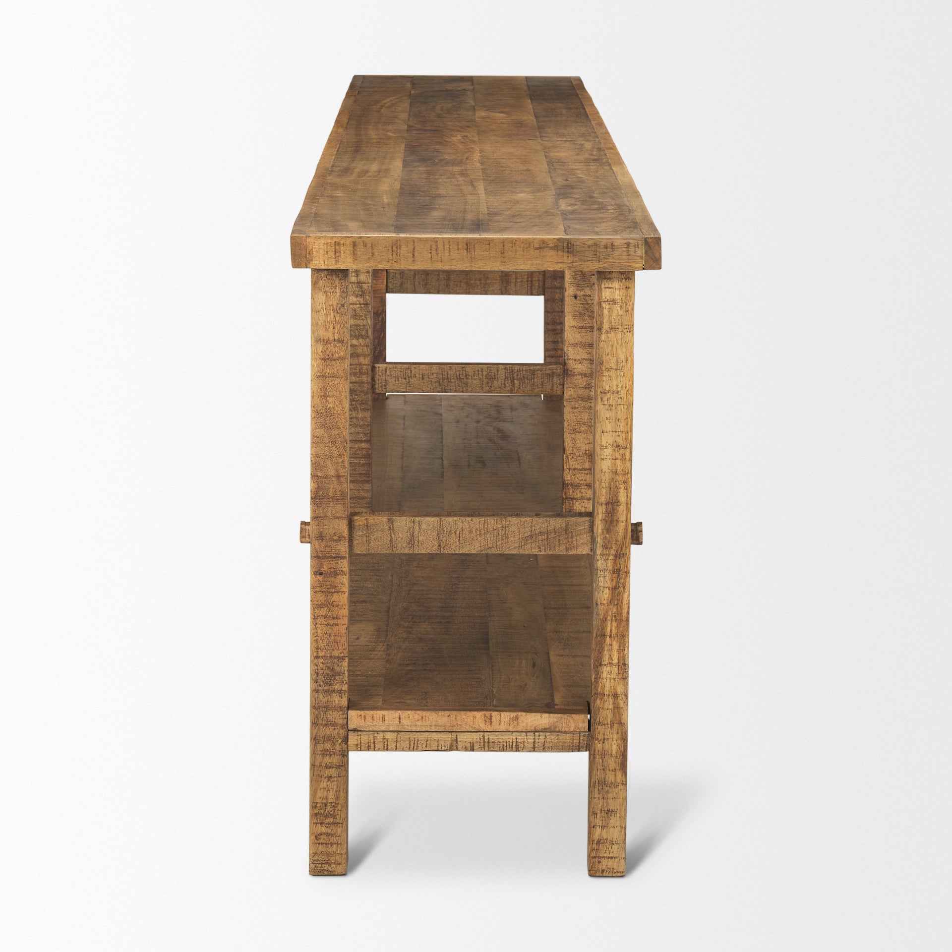 Front view of the Rosie console table in a light natural mango wood finish featuring a minimalist double-tier design