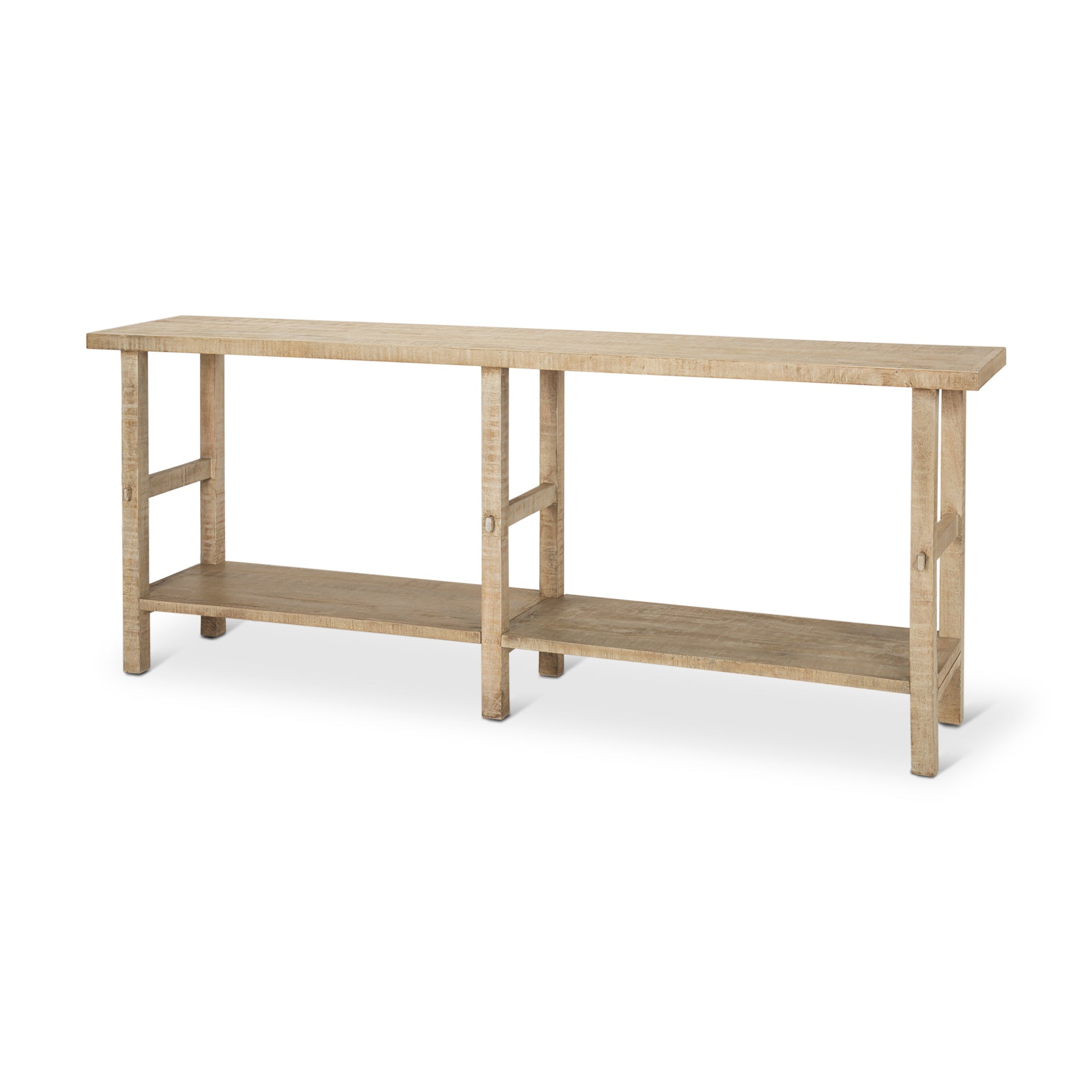 Front view of the Rosie console table in a light natural mango wood finish featuring a minimalist double-tier design