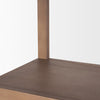 Close-up view of the bottom shelf and the solid wood uprights showing the natural texture and matte finish