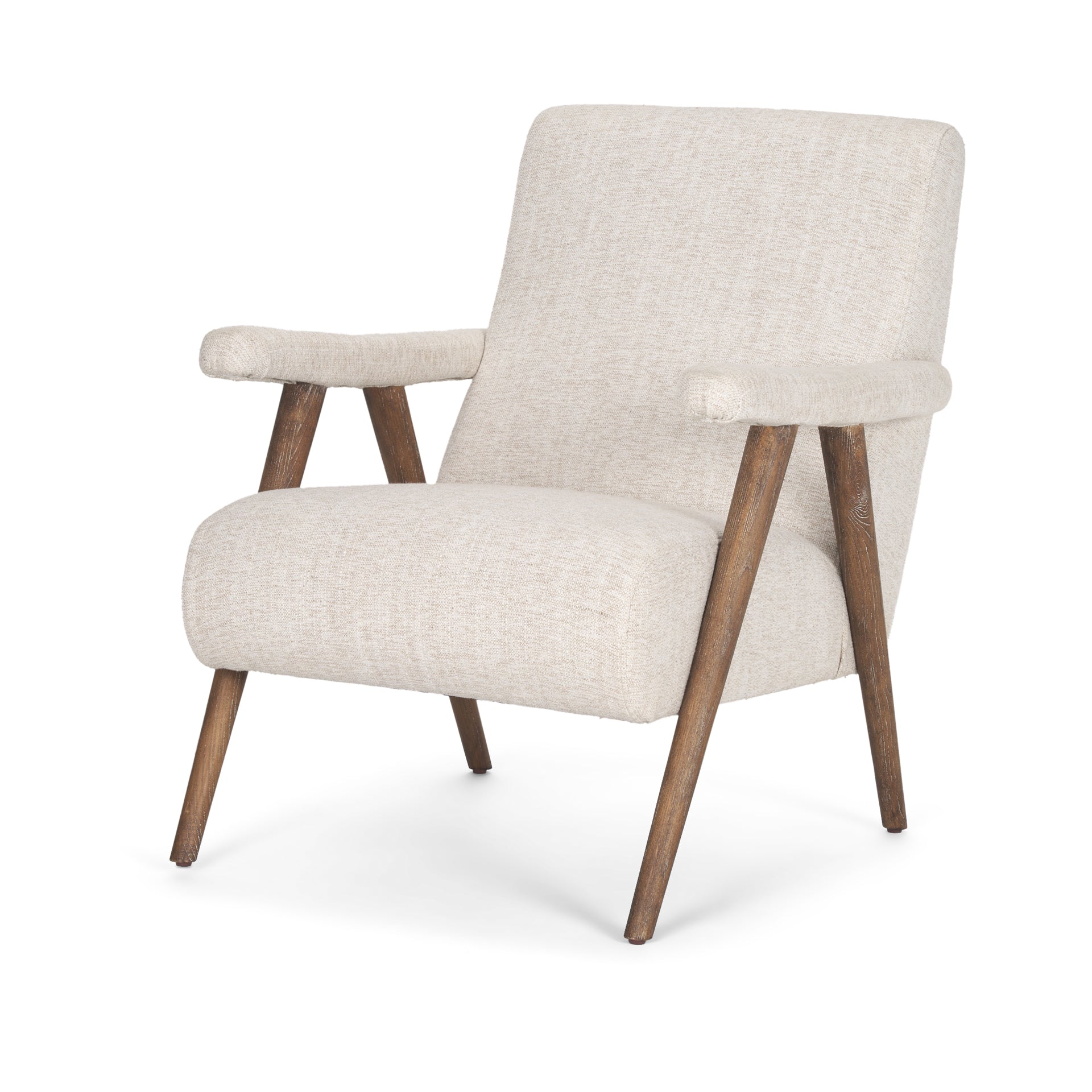 Front view of the Nico Accent Chair featuring oatmeal-colored textured fabric and dark-stained tapered wood legs