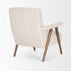 Rear angled perspective showing the wrap-around fabric finish and dark wood leg joints