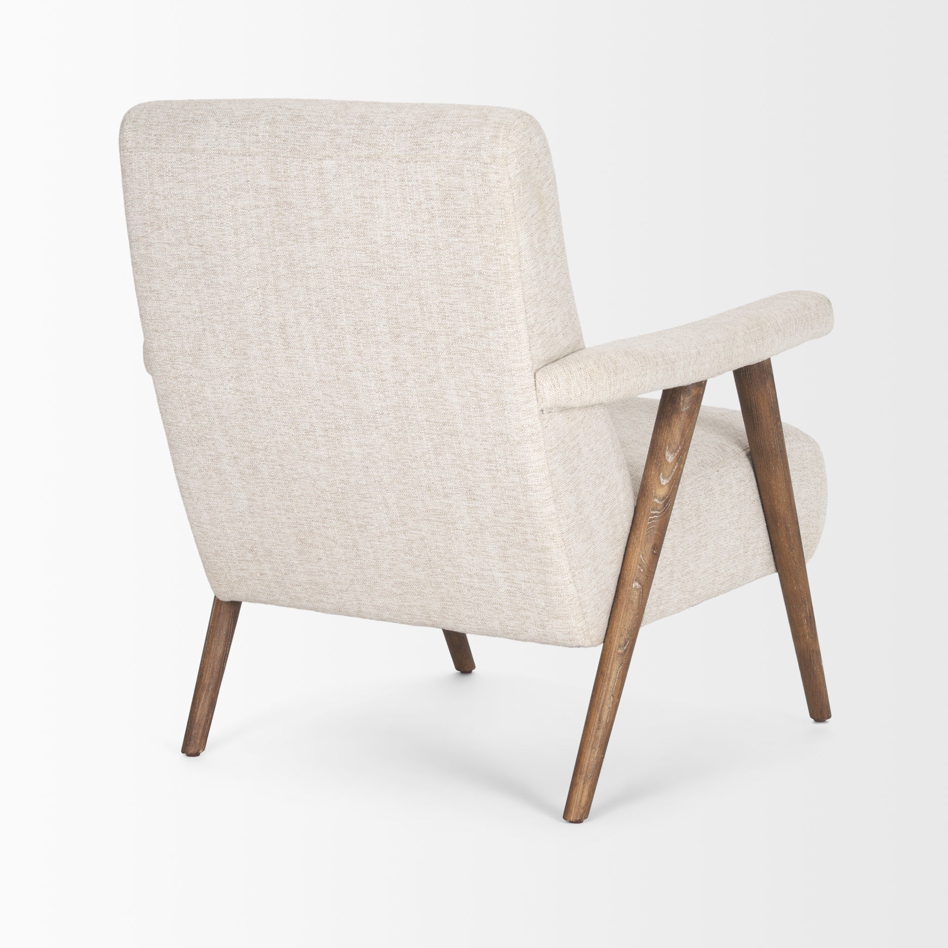 Front view of the Nico Accent Chair featuring oatmeal-colored textured fabric and dark-stained tapered wood legs