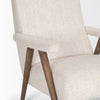Detailed view of the dark wood grain and the seamless integration of the fabric backrest