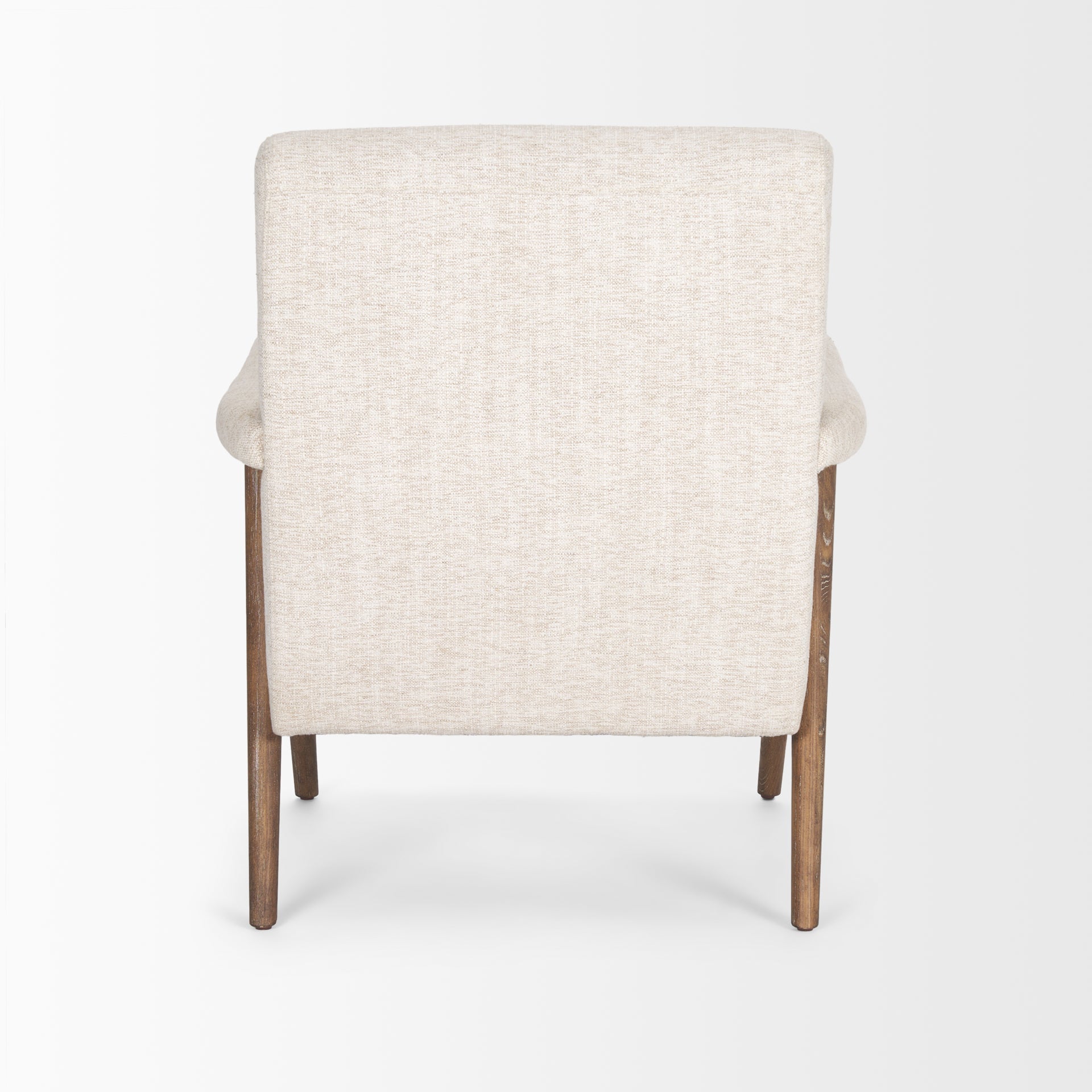 Front view of the Nico Accent Chair featuring oatmeal-colored textured fabric and dark-stained tapered wood legs