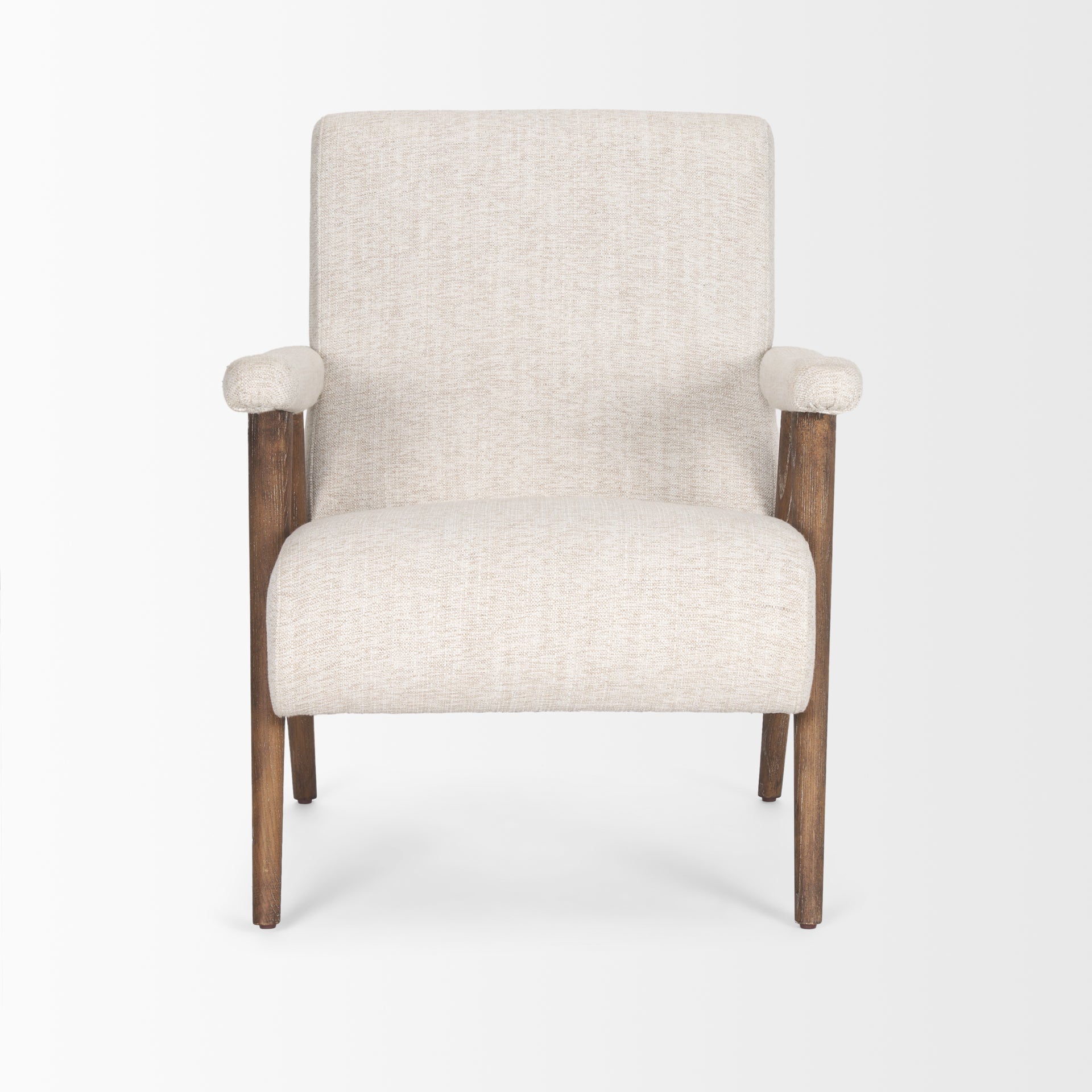 Front view of the Nico Accent Chair featuring oatmeal-colored textured fabric and dark-stained tapered wood legs