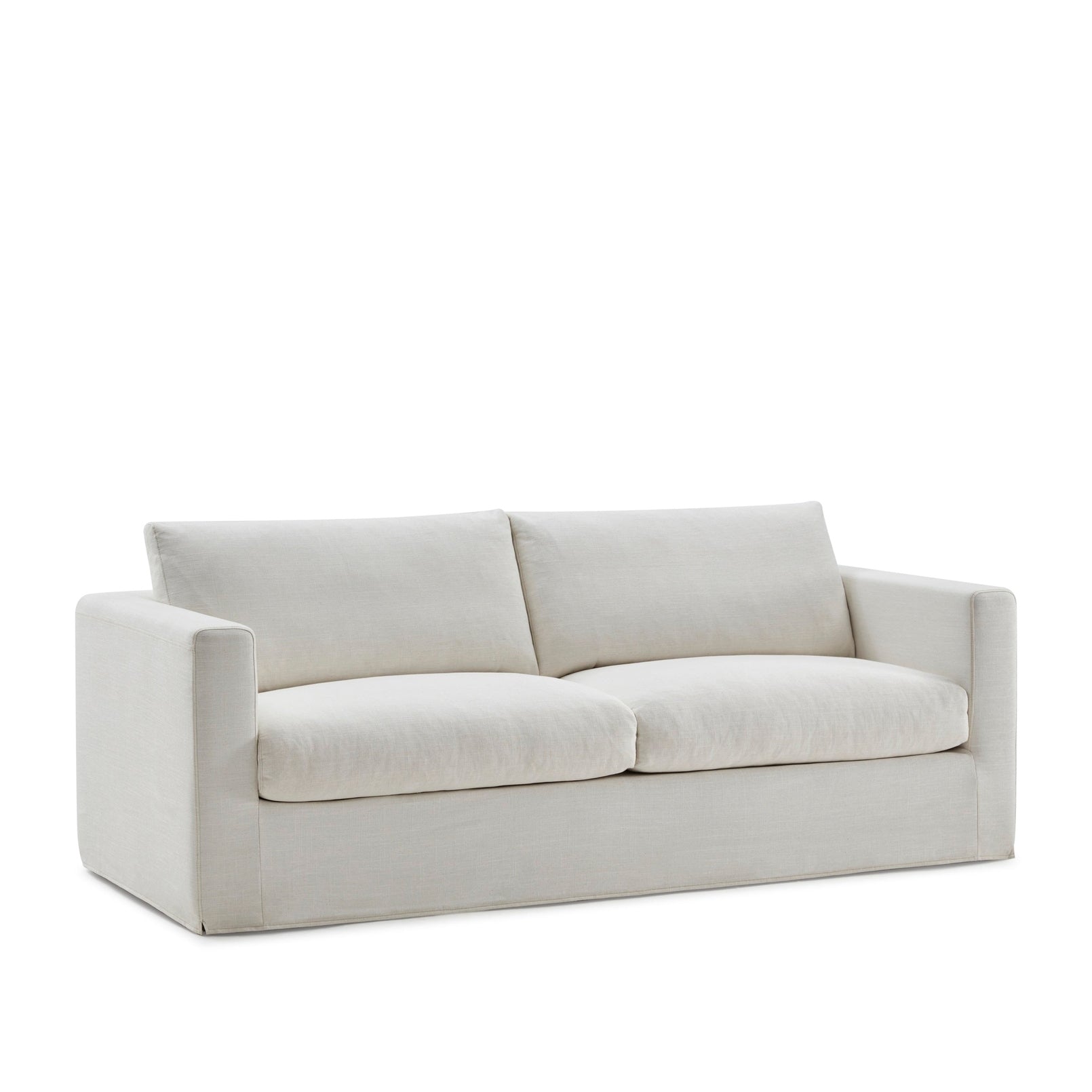 Niels sofa front view in light fabric with modern sleek design and plush cushions