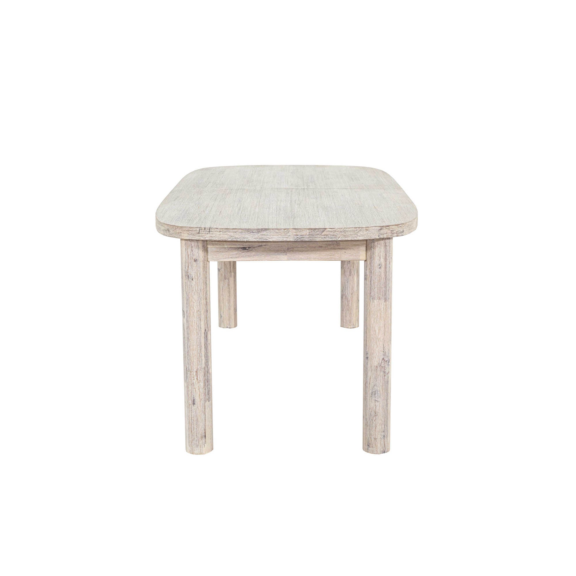 Straight-on side profile view highlighting the smooth oval tabletop and architectural wood construction