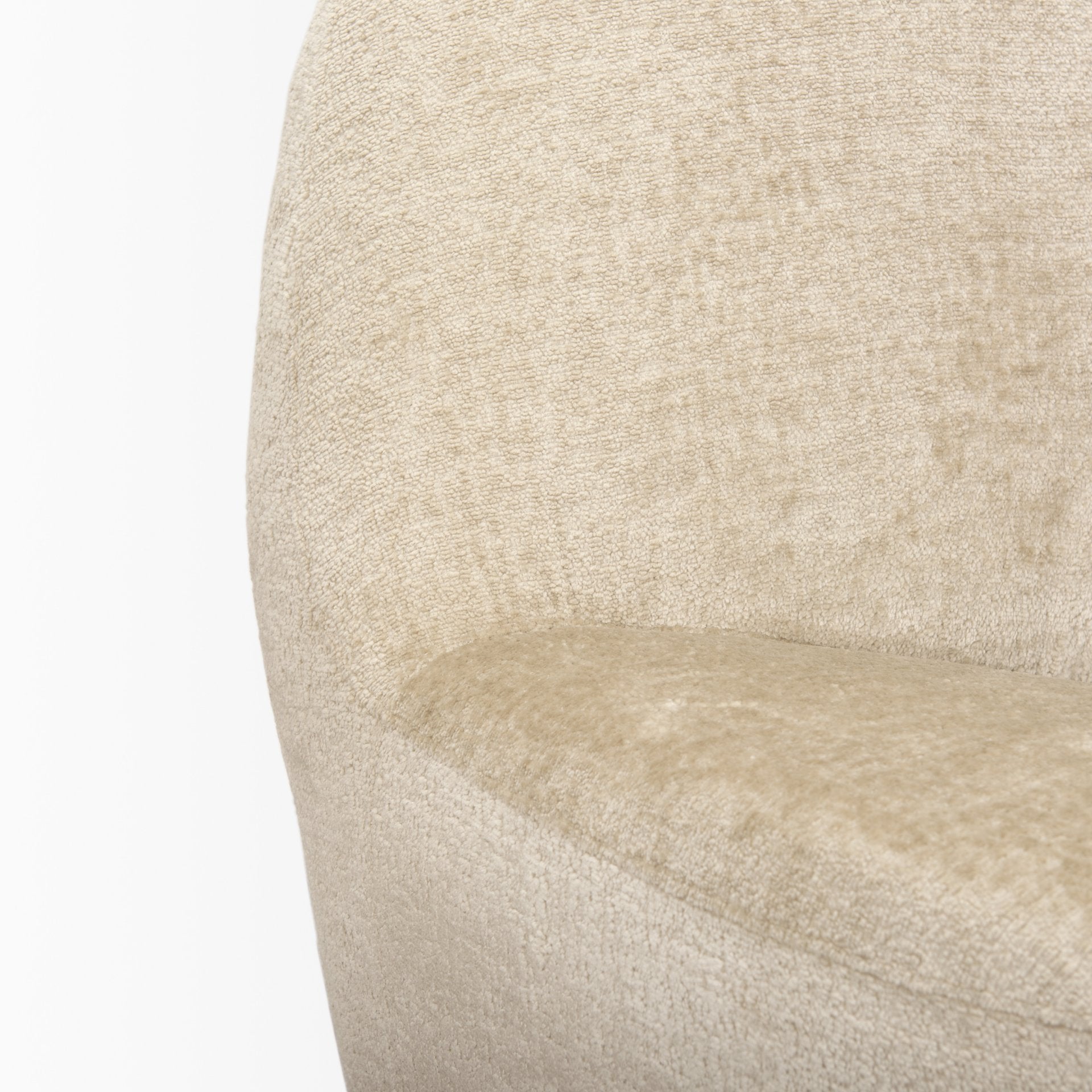 Front view of the Beverly high-back accent chair in oatmeal bouclé fabric with a sculptural pebble silhouette.