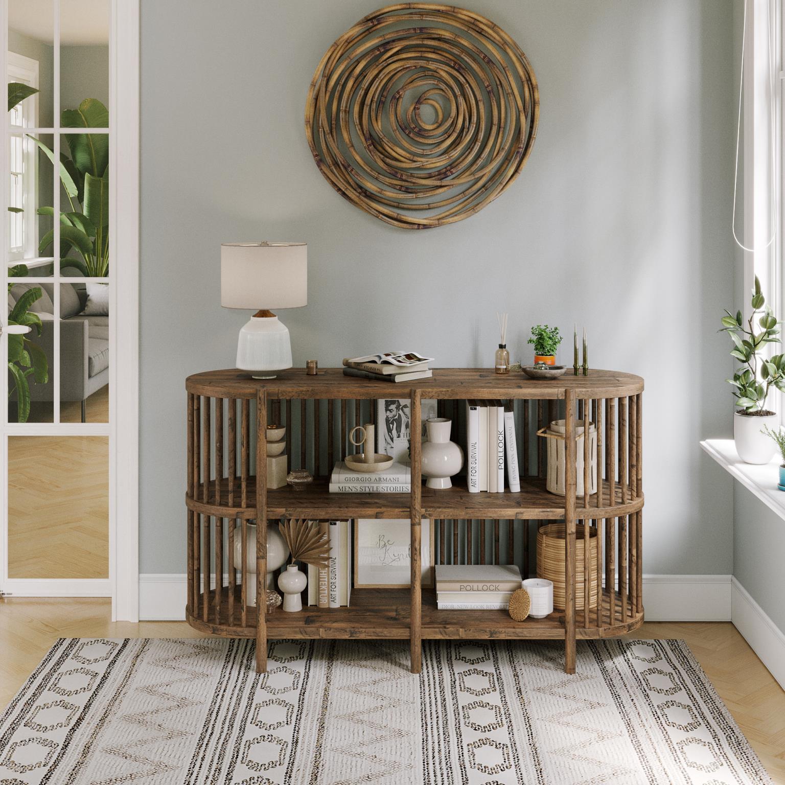 Front view of the Rhapsody 54-inch accent console in a chestnut finish featuring a curved oval silhouette and vertical wood slat design
