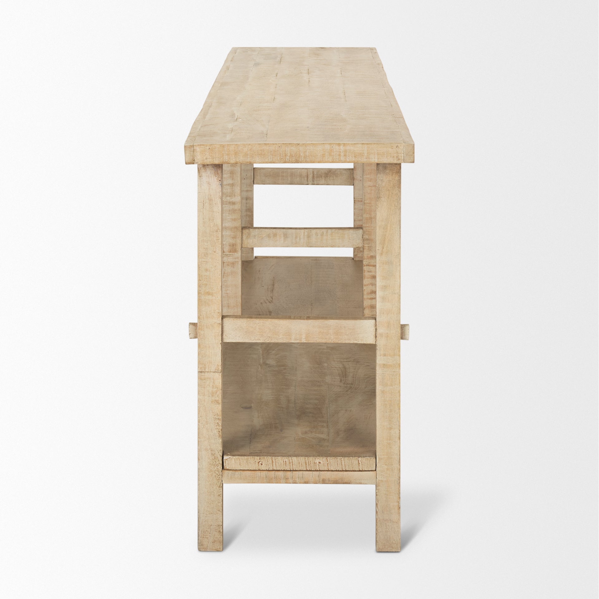 Front view of the Rosie console table in a light natural mango wood finish featuring a minimalist double-tier design
