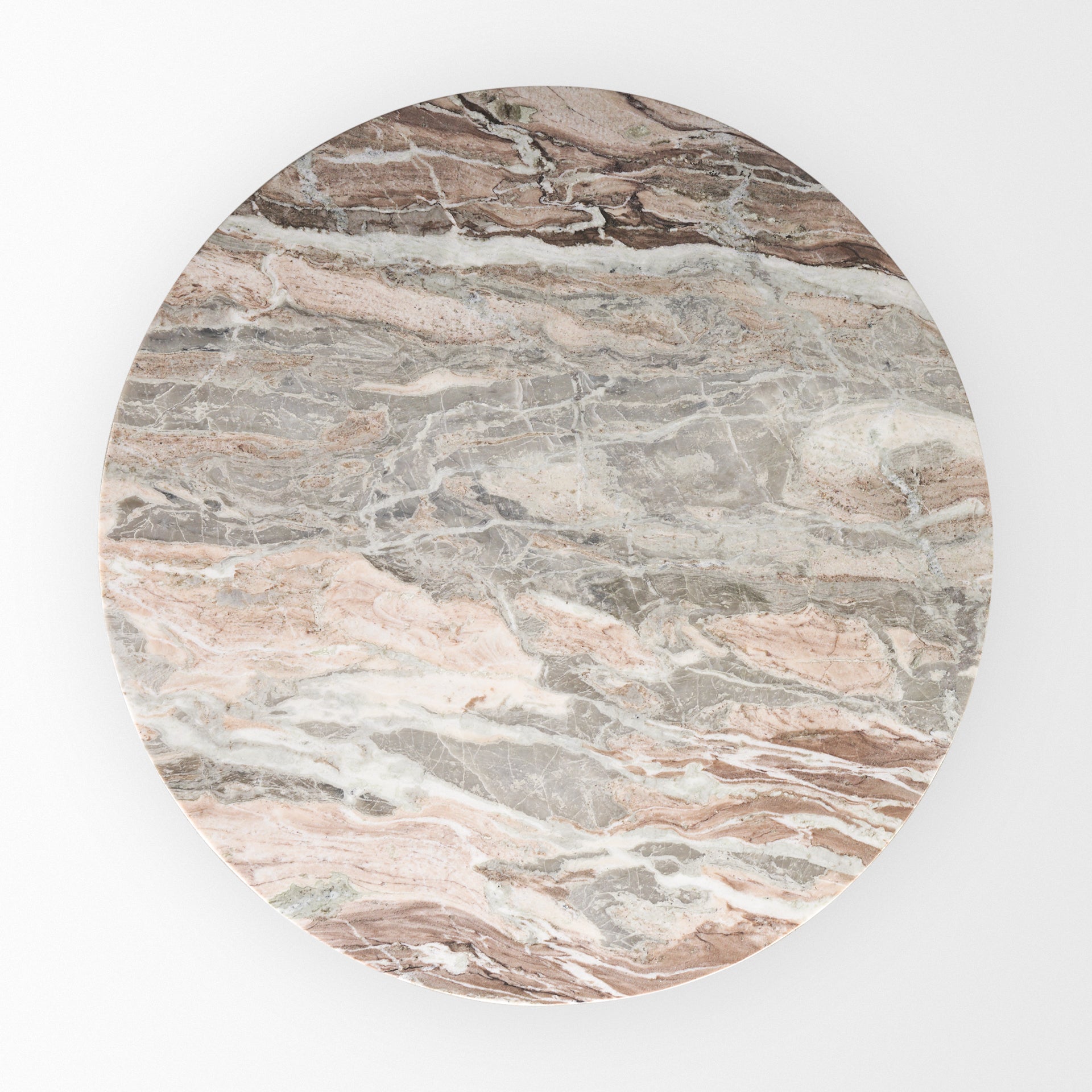 Front view of the Allyson round dining table featuring a white marble top and a solid mango wood tapered pedestal base