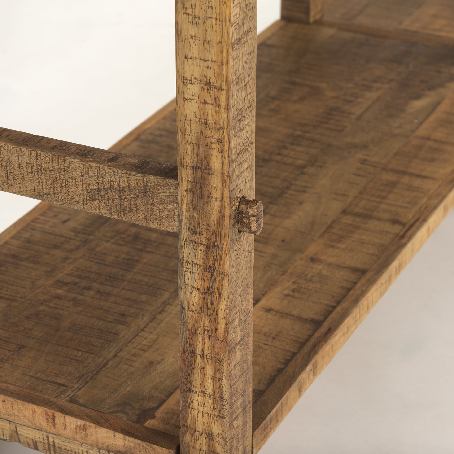 Front view of the Rosie console table in a light natural mango wood finish featuring a minimalist double-tier design