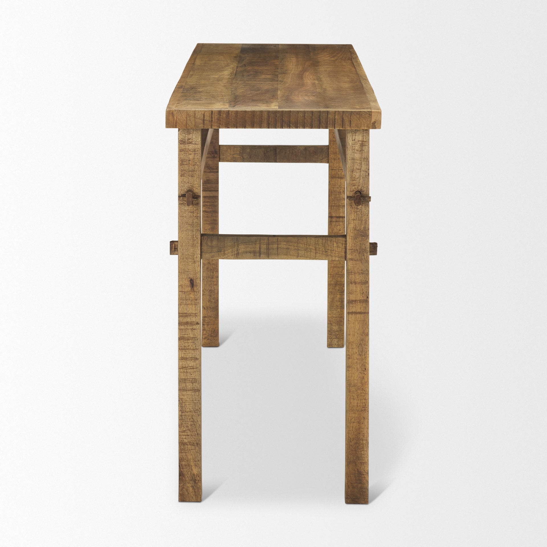 Front view of the Rosie console table in a light natural mango wood finish featuring a minimalist double-tier design