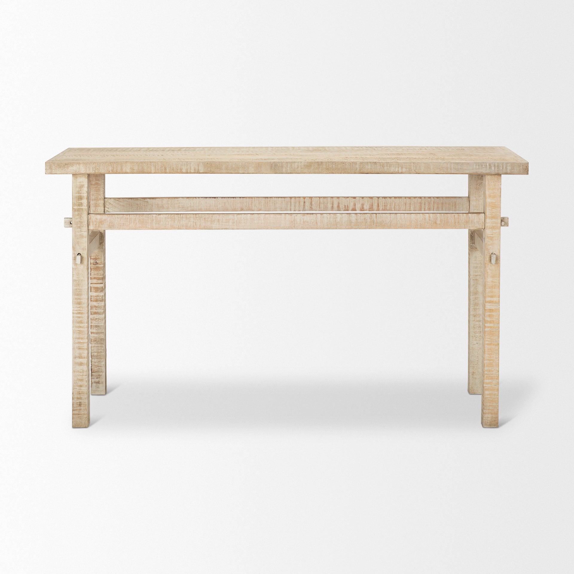 Front view of the Rosie console table in a light natural mango wood finish featuring a minimalist double-tier design