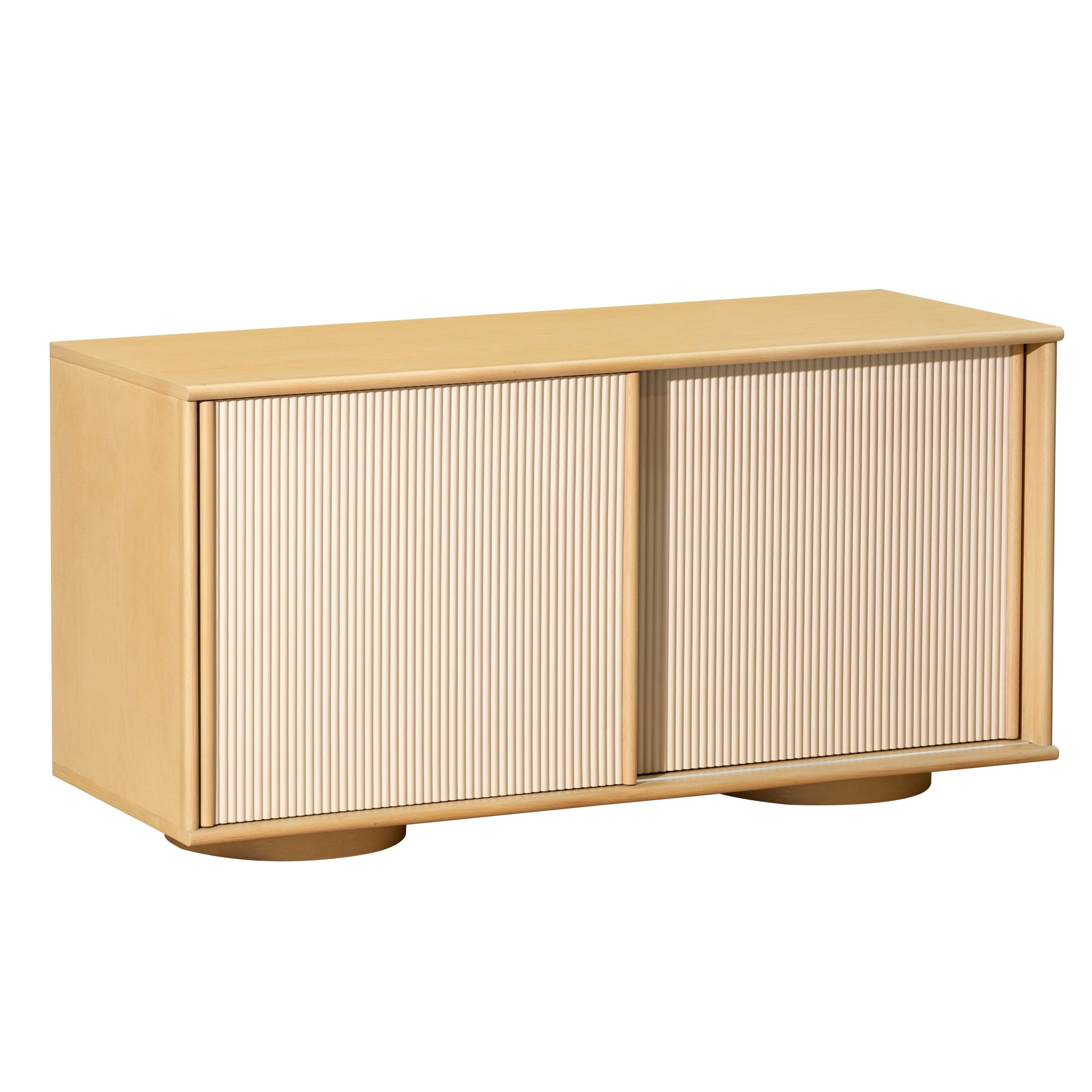 Front view of the Glee sideboard featuring light oak wood construction and two large sliding tambour doors with vertical fluted detailing