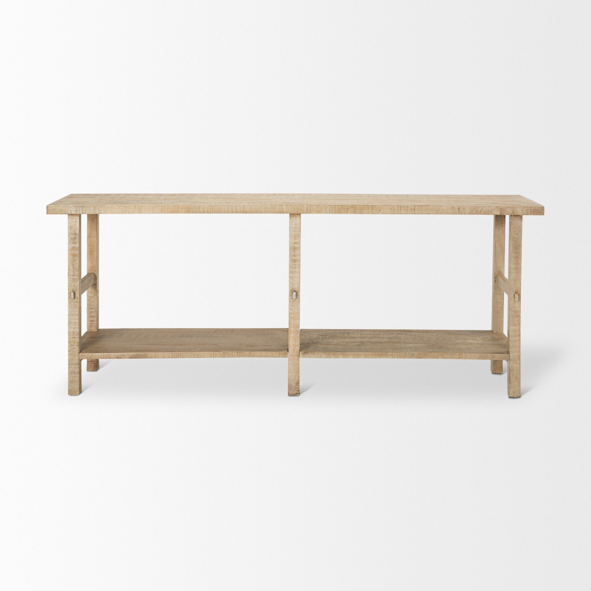 Front view of the Rosie console table in a light natural mango wood finish featuring a minimalist double-tier design