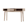 Three-quarter perspective view highlighting the clean lines and tapered legs of the minimalist light wood console