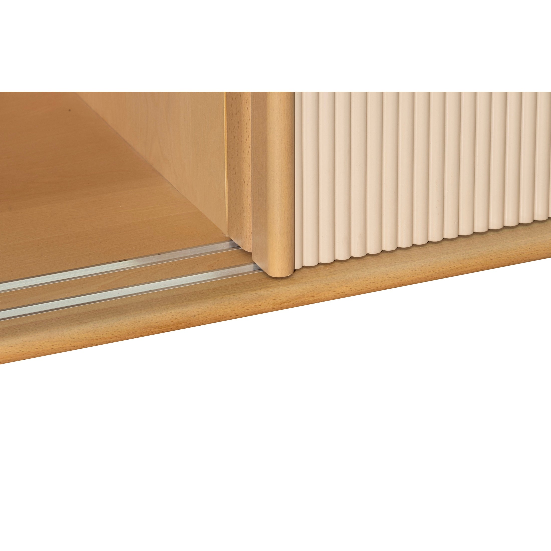 Front view of the Glee sideboard featuring light oak wood construction and two large sliding tambour doors with vertical fluted detailing