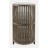 Side profile view highlighting the deep vertical slats and the rounded architectural ends of the chestnut console