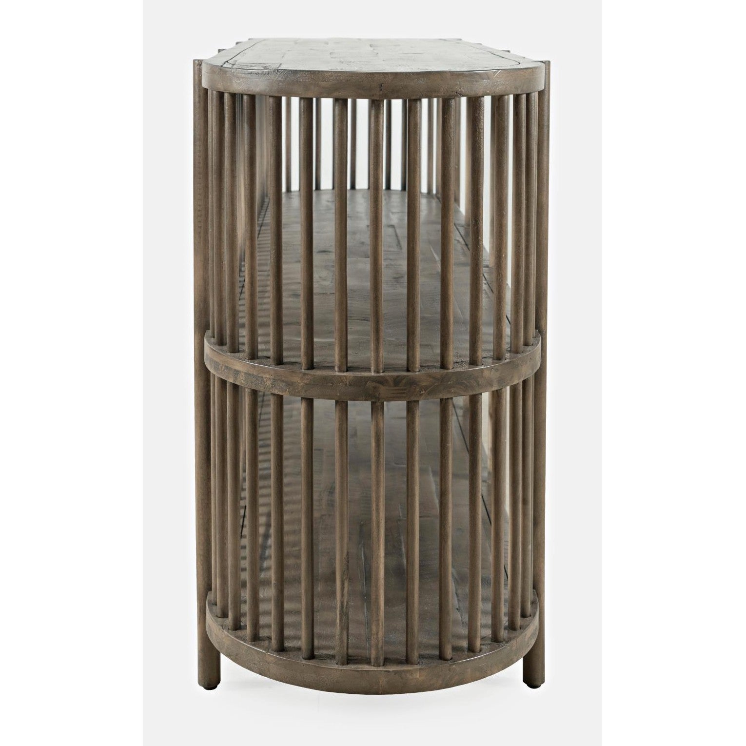 Front view of the Rhapsody 54-inch accent console in a chestnut finish featuring a curved oval silhouette and vertical wood slat design
