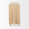 Side profile view showcasing the deep storage unit and the minimalist tapered wood legs in a matching light wash finish