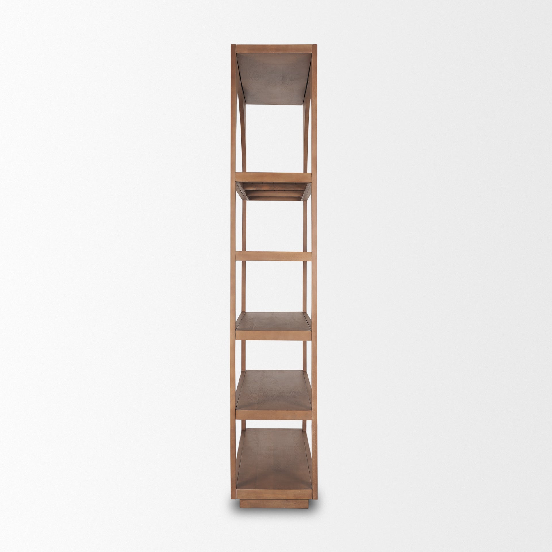 Straight-on front view of the Bela shelving unit featuring a tall architectural arch and five spacious open shelves in a warm natural wood finish
