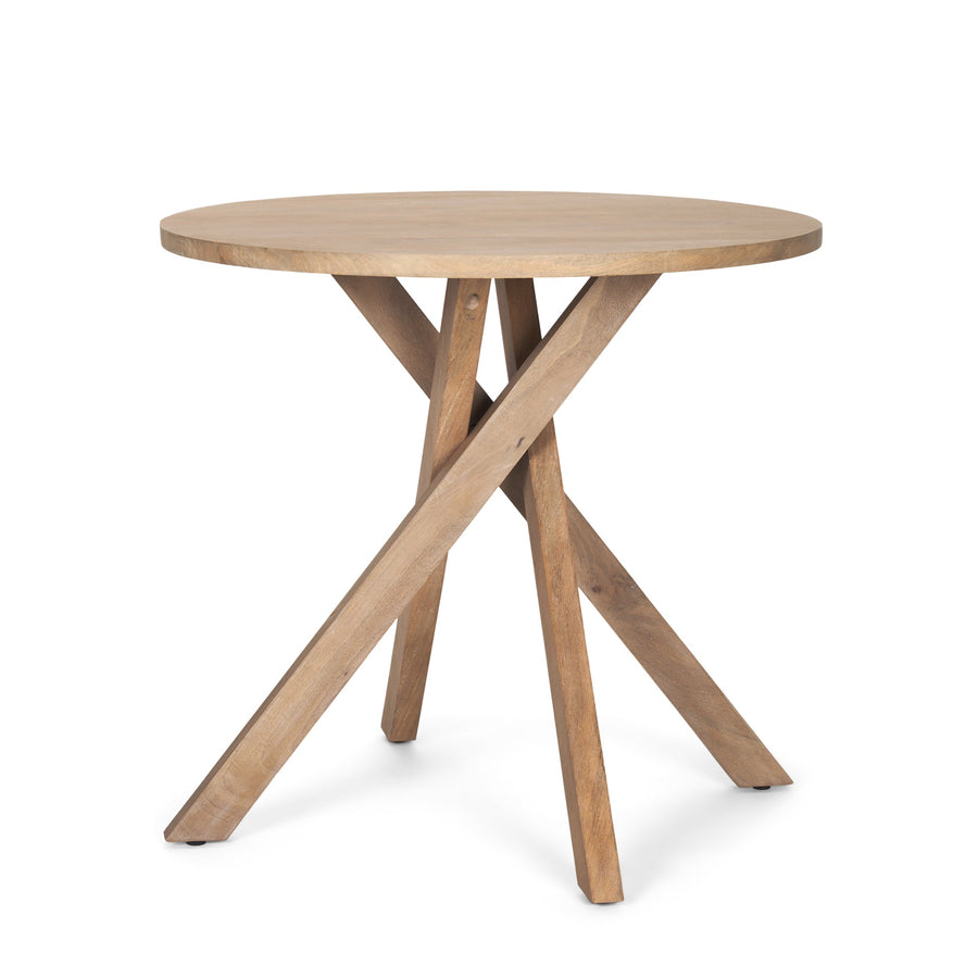 Three-quarter perspective view of the Solana foyer table featuring a circular top and a unique interlocking tripod base in light natural mango wood