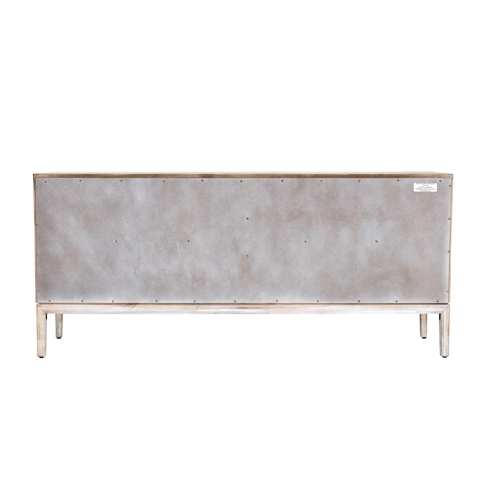 Straight-on front view of the Gemini sideboard featuring a light whitewashed wood finish and four handle-free cabinet doors