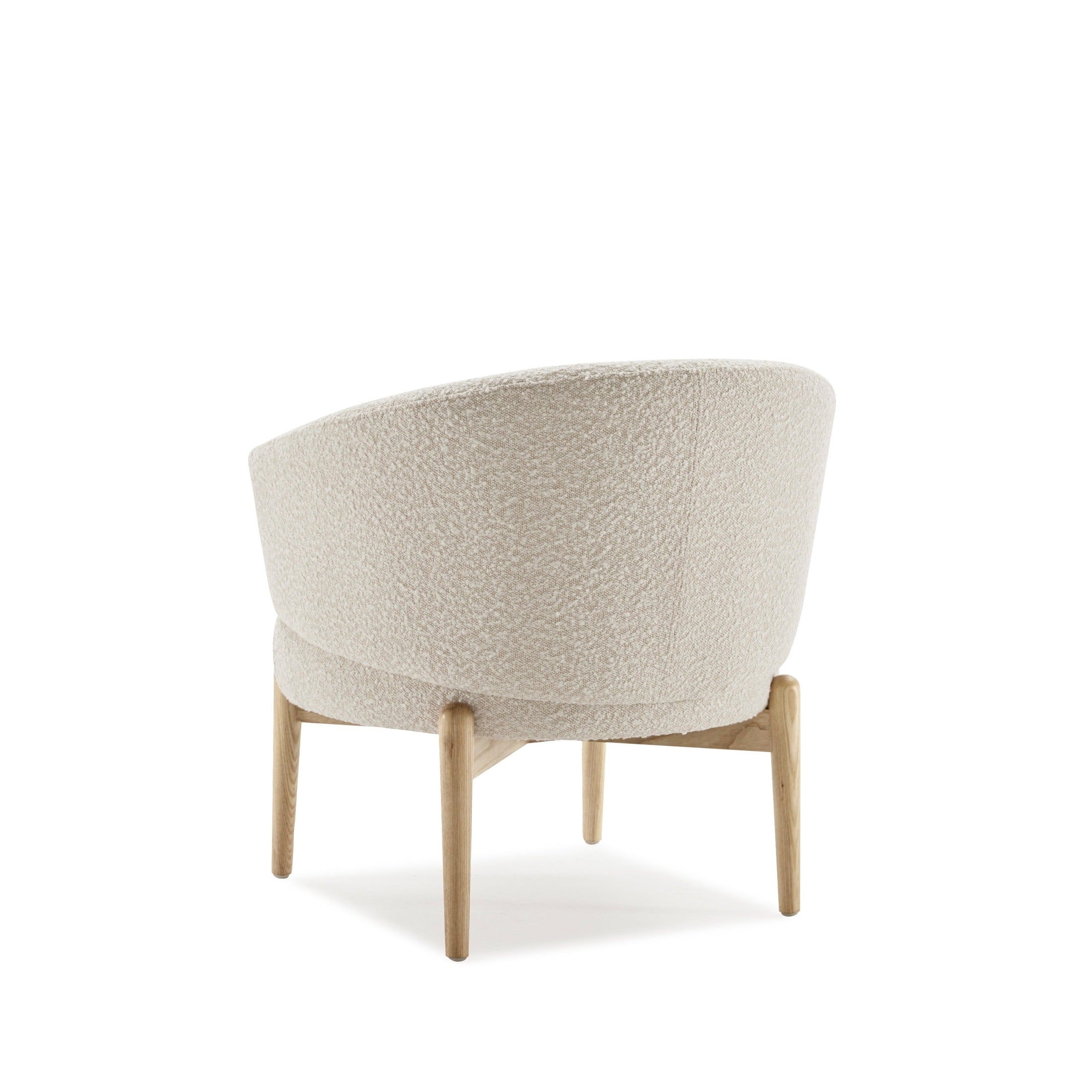 Front view of the Soulange Armchair featuring white bouclé upholstery and a natural light oak wood base