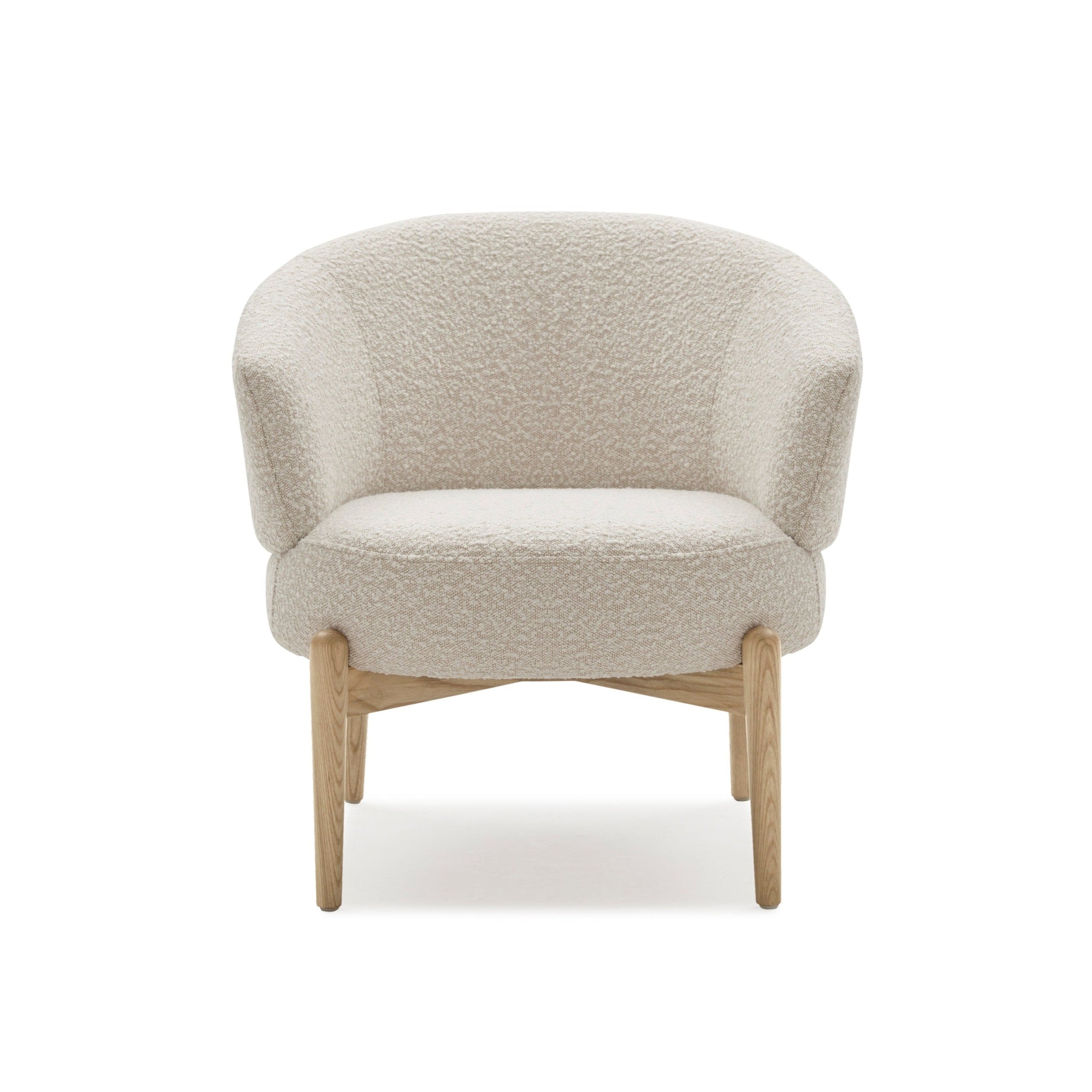 Front view of the Soulange Armchair featuring white bouclé upholstery and a natural light oak wood base
