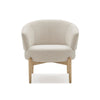 Front view of the Soulange Armchair featuring white bouclé upholstery and a natural light oak wood base