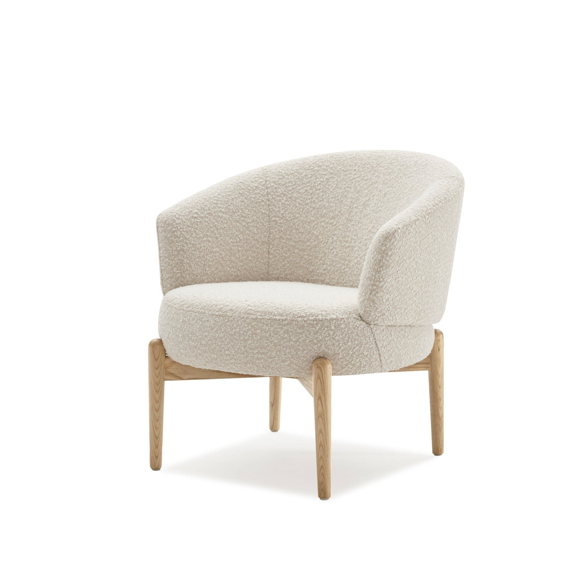 Front view of the Soulange Armchair featuring white bouclé upholstery and a natural light oak wood base
