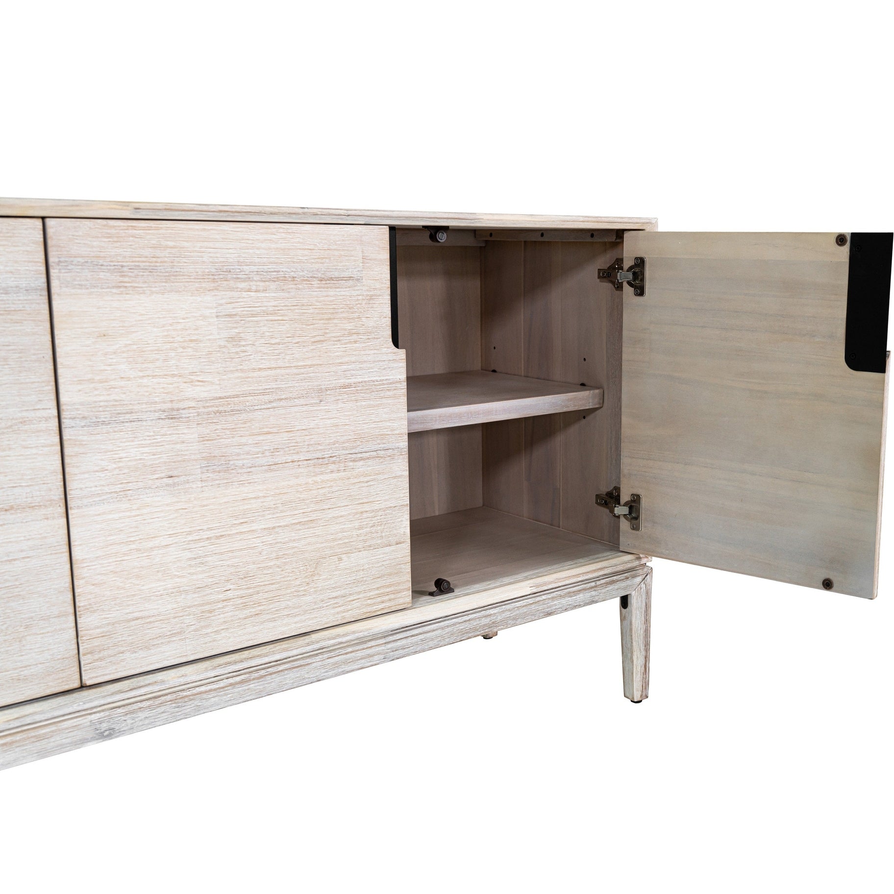 Straight-on front view of the Gemini sideboard featuring a light whitewashed wood finish and four handle-free cabinet doors