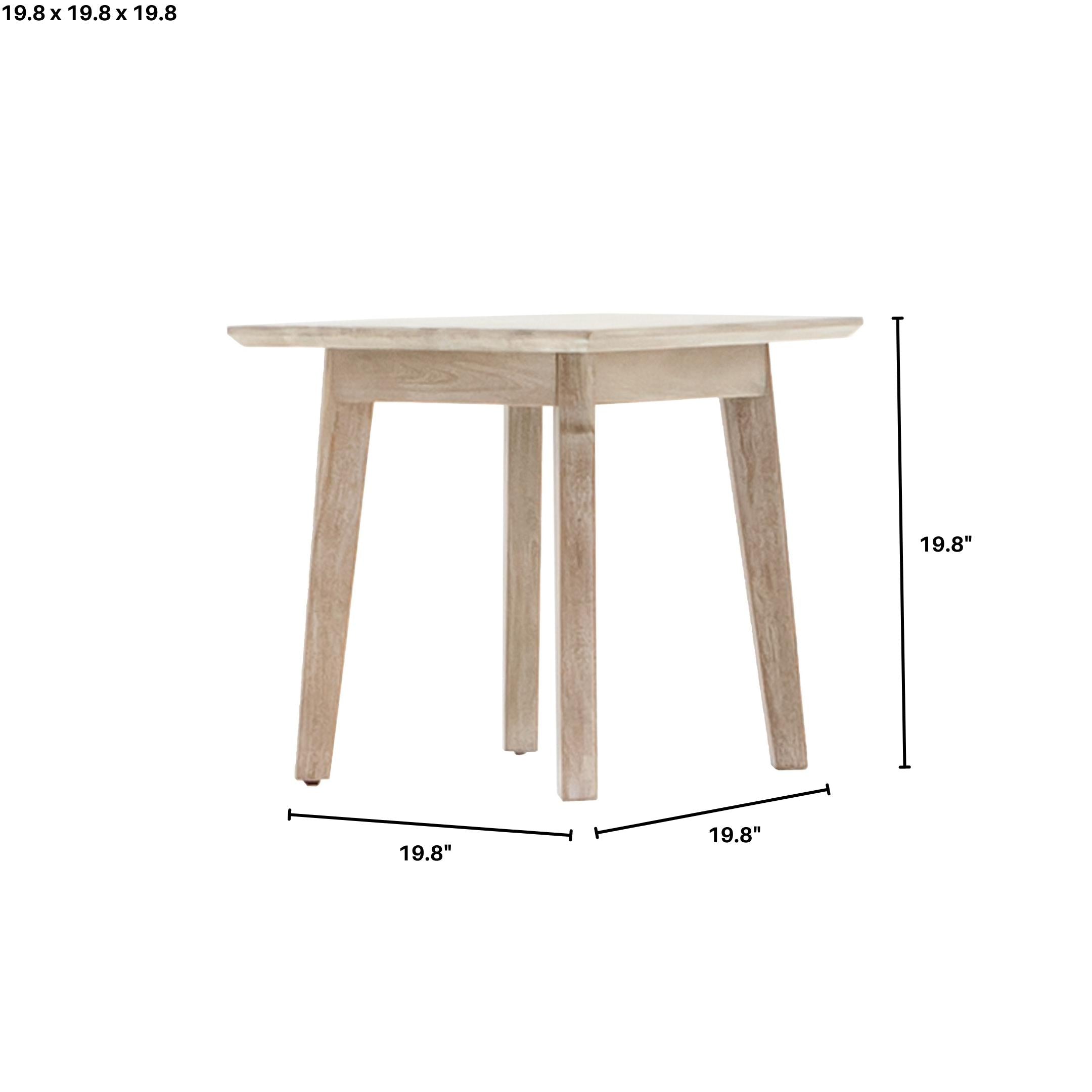 Perspective view of the Gia side table featuring a square top and tapered legs in a light natural oak finish
