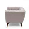 tapered-wood-legs	Side profile of the grey Stella chair showing the angled backrest and mid-century tapered legs