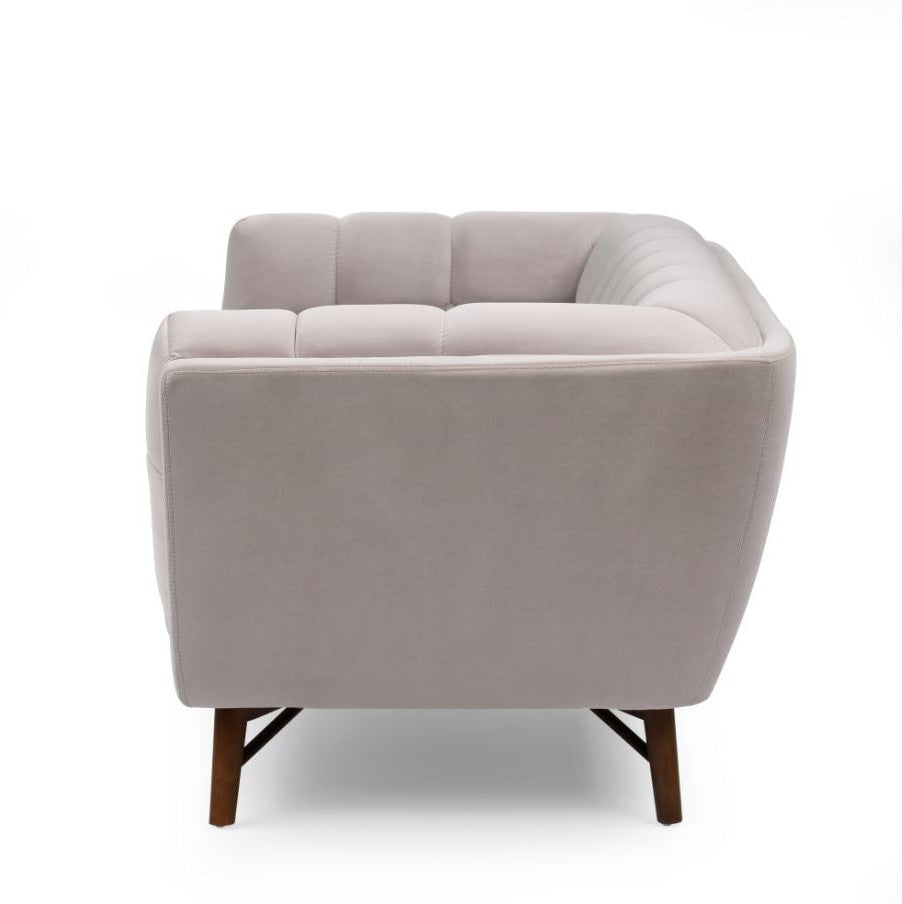 tapered-wood-legs	Side profile of the grey Stella chair showing the angled backrest and mid-century tapered legs