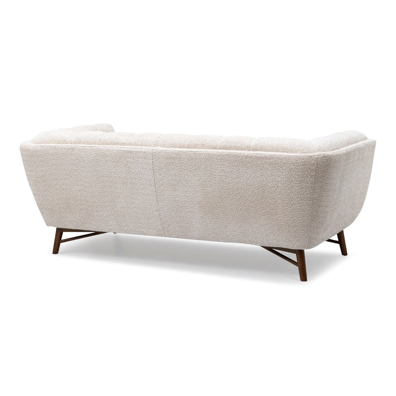 Three-quarter front view of the Stella Loveseat in cream boucle with a walnut-stained wood base